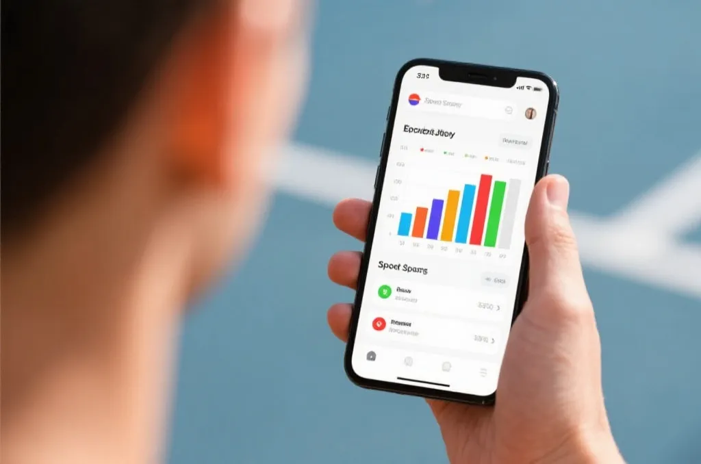 A person holding a modern smartphone showing an elegant sports application interface with colorful analytics charts