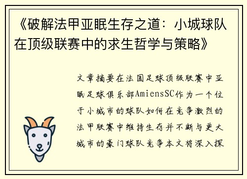 《破解法甲亚眠生存之道：小城球队在顶级联赛中的求生哲学与策略》