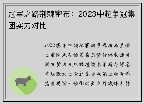 冠军之路荆棘密布：2023中超争冠集团实力对比